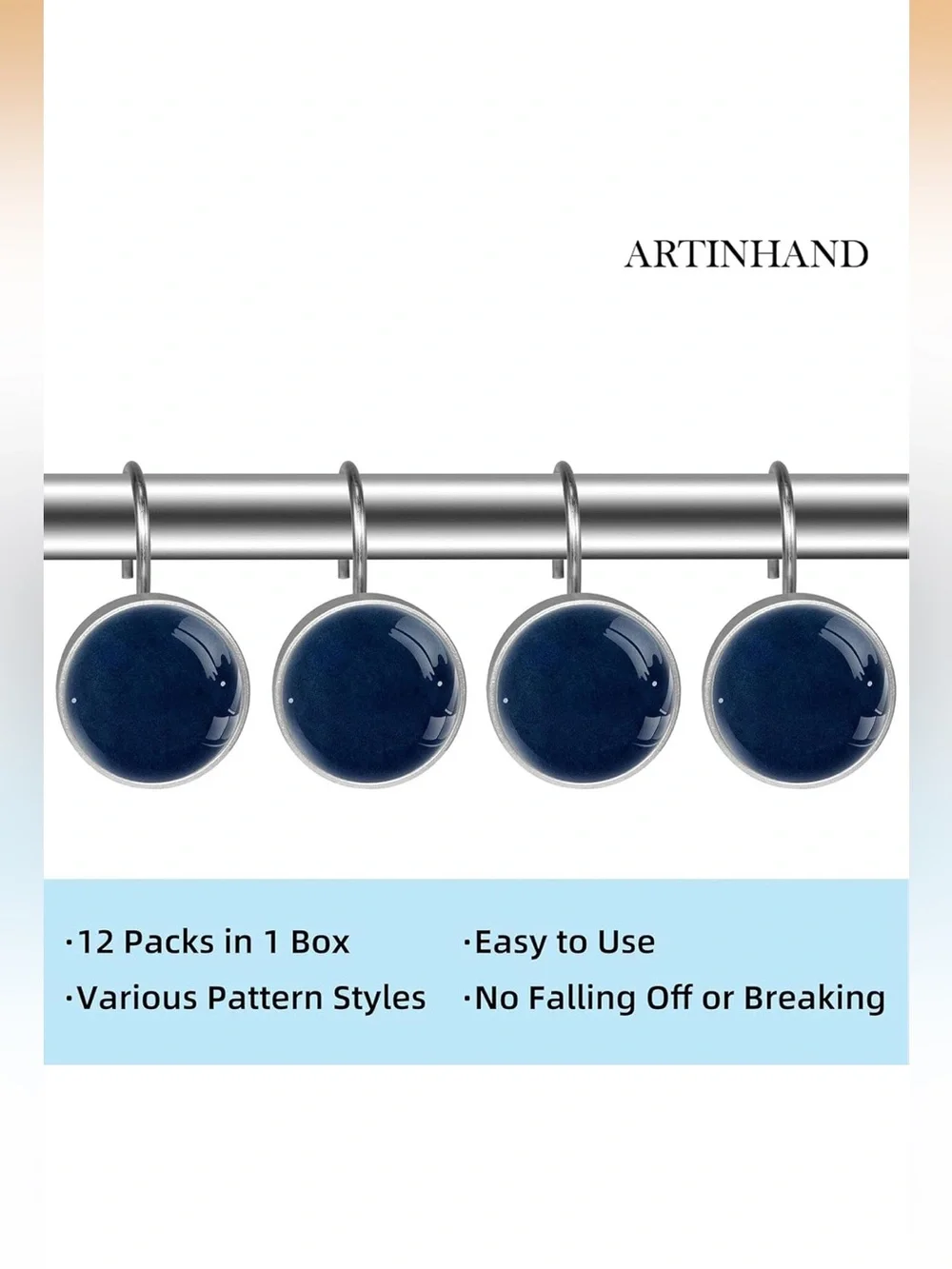 Set of Blue Round Shower Curtain Hooks with Silver Rings